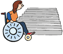 Person im Rollstuhl steht vor einer Treppe