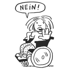 Ein Mädchen im Rollstuhl sagt mit abwehrend ausgestreckter Hand NEIN!
